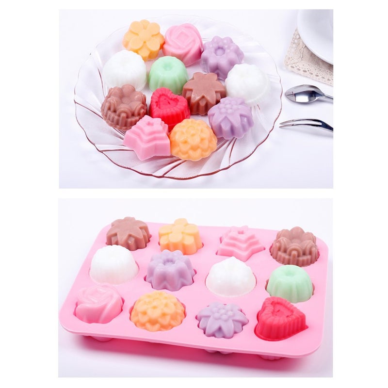 homEdge Food Grade Silicone Flowers Molds, Baking Pan with Flowers and Heart Shape Non-Stick 3-Pack Silicone Molds for Chocolate, Candy, Jelly, Ice Cube, Muffin (Pink, Blue and Green) - Image 2